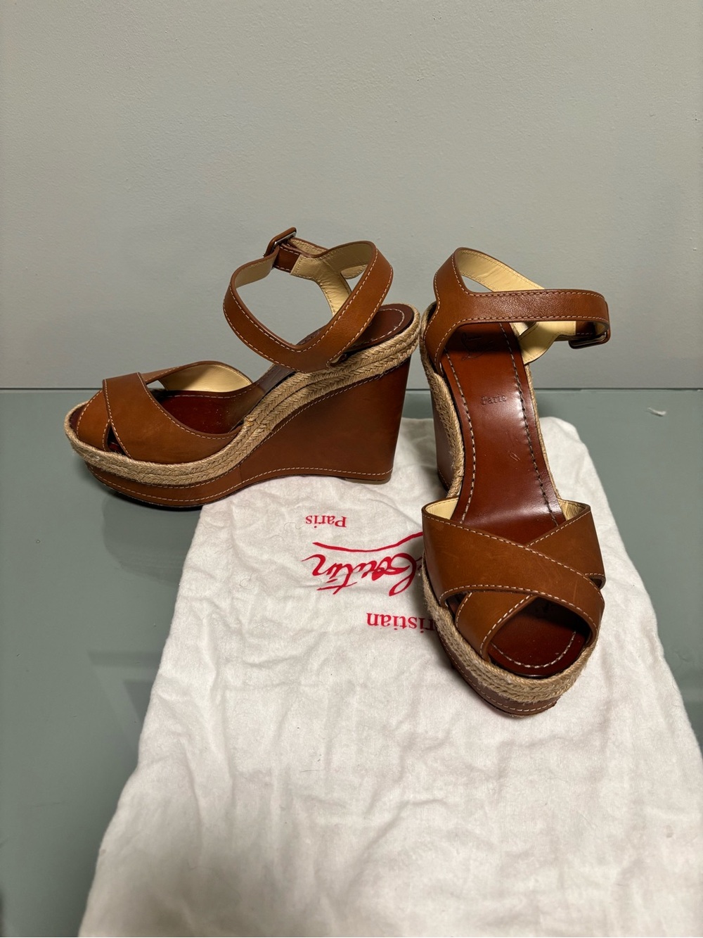 Christian Louboutin Tan Leather Espadrille Wedge Sandals